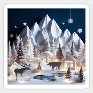 Beautiful Paper Art Style Winter Wildlife Scene Sticker